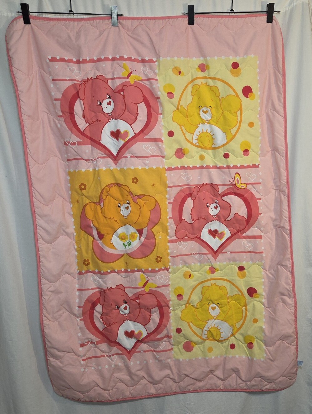 Vintage Care Bears Pink and Yellow Patchwork Throw Blanket Comforter.